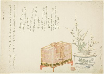 Klec pro ptáky a švestka v květináči od Katsushika Hokusai