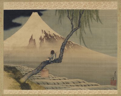 Chlapec si prohlíží horu Fuji, 1839 (inkoust a barva na hedvábí) od Katsushika Hokusai