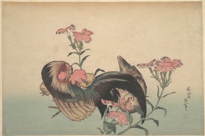 Kohout, slepice a nadeshiko (Dianthus superbus) od Katsushika Hokusai