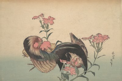 Kohout, slepice a Nadeshiko Dianthus Superbus. od Katsushika Hokusai