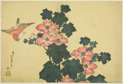 Bavlněné růže a vrabce z nepojmenované série Velké květy od Katsushika Hokusai