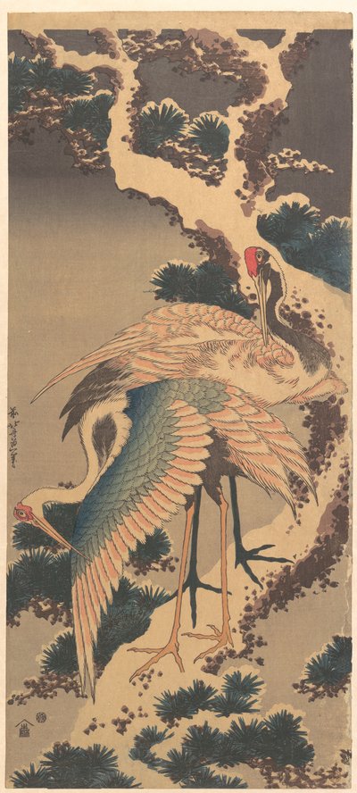 Jeřábi na větvi zasněžené borovice od Katsushika Hokusai