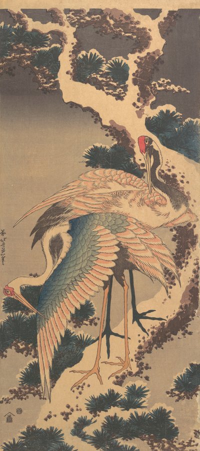 Jeřáby na větvi Snow-covered Pine, pozdní 1820. od Katsushika Hokusai