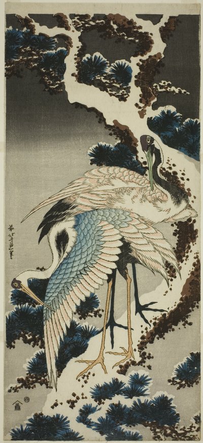 Jeřáby na zasněžené borovici od Katsushika Hokusai