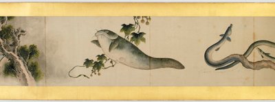 Detail ručního svitku s různými obrázky, období Edo, 1839, tuš a barva na papíře od Katsushika Hokusai