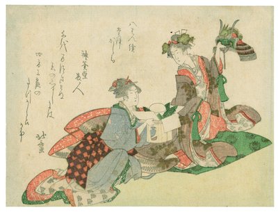 Přilba s dračí hlavou (dvě ženy s novoročními ozdobami) od Katsushika Hokusai