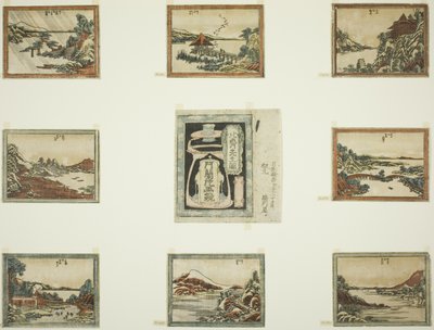 Osm pohledů na Omiho ve stylu leptu (Doban Omi hakkei) a krycí list od Katsushika Hokusai