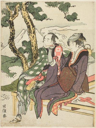 Evening Glow for Date no Yosaku a Seki no Koman, z nepojmenované série známé jako „Osm pohledů na tragické milence (Michiyuki hakkei)“ od Katsushika Hokusai