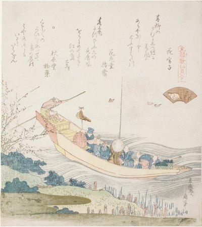 Trajekt na řece Sumida, ilustrace ke Kapitálu Shell (Miyako-gai), ze série "Hra s básněmi z období Genroku (Genroku kasen kai awase)" od Katsushika Hokusai
