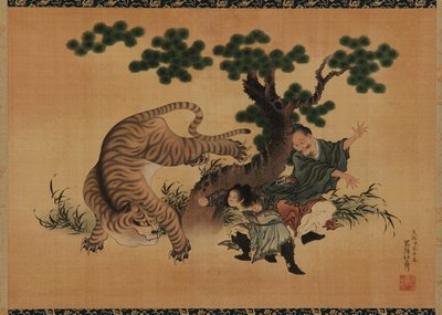 Synovská zbožnost: Yang Hsiang zachránil svého otce před tygrem, konec 18.-začátek 19. století. od Katsushika Hokusai