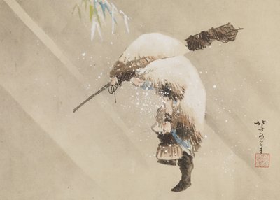 Rybář nesoucí svou síť ve sněhu, c. 1821 (inkoust, barva a gofun na papíře) od Katsushika Hokusai
