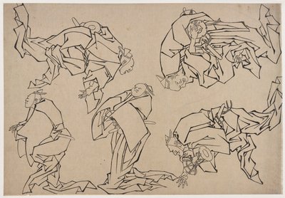 Pět hudebníků hrajících na bicí, konec 18.-začátek 19. století. od Katsushika Hokusai