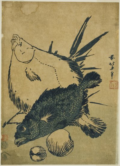 Platýs, štír a mušle z nepojmenované série chubanských tisků od Katsushika Hokusai