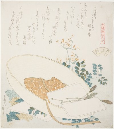 Čerstvě natrhané květiny v cestovatelském klobouku, ilustrace k filmu The Thousand-Gresses Shell (Chigusagai), ze série „Hra s básněmi z období Genroku (Genroku kasen kai awase)“ od Katsushika Hokusai