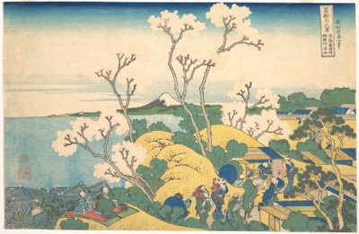 Fuji z Gotenyamy v Šinagawě na cestě Tōkaidō (Tōkaidō Šinagawa Gotenyama no Fuji), ze série „Třicet šest pohledů na horu Fuji“ (Fugaku sanjūrokkei) od Katsushika Hokusai