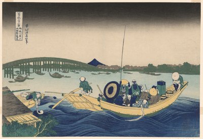 Fuji z Ommayagashi se soumrakem přes most Ryogoku (Ommayagashi yori ryogokubashi sekiyo o miru), ze série "Třicet šest pohledů na horu Fuji (Fugaku sanjurokkei)" od Katsushika Hokusai