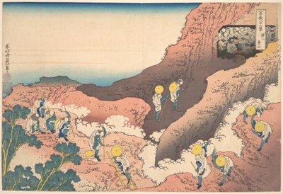Skupiny horolezců (Shojin tozan) ze série „Třicet šest pohledů na horu Fudži“ (Fugaku sanjūrokkei) od Katsushika Hokusai