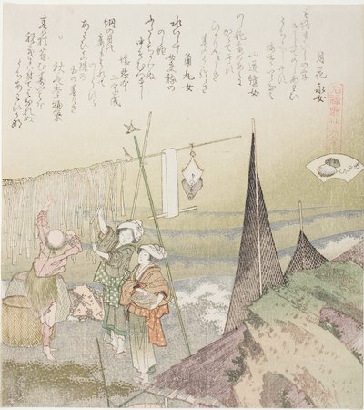Hanging Abalone Out to Dry, ilustrace pro Abalone (Awabi), ze série "Hra s básněmi z období Genroku (Genroku kasen kai awase)" od Katsushika Hokusai