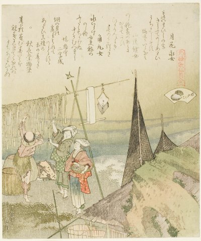 Hanging Abalone Out to Dry, ilustrace pro Abalone (Awabi), ze série "Hra s básněmi z období Genroku (Genroku kasen kai awase)" od Katsushika Hokusai