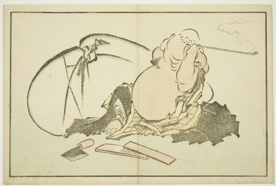 Hotei kouří dýmku, z Hokusaiovy knihy realistických obrazů (Hokusai shashin gafu), asi 1814 (barevný dřevoryt (albový list)) od Katsushika Hokusai