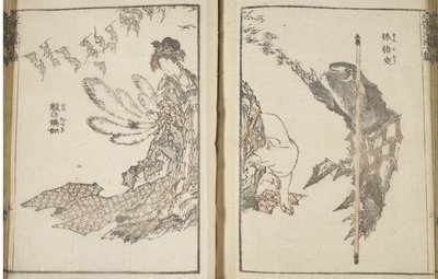 Japonka, bílá liška s 9 ocasy a opice (dřevěný tisk) od Katsushika Hokusai