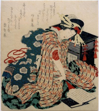 Mladá žena čte knihu polštářů od Katsushika Hokusai
