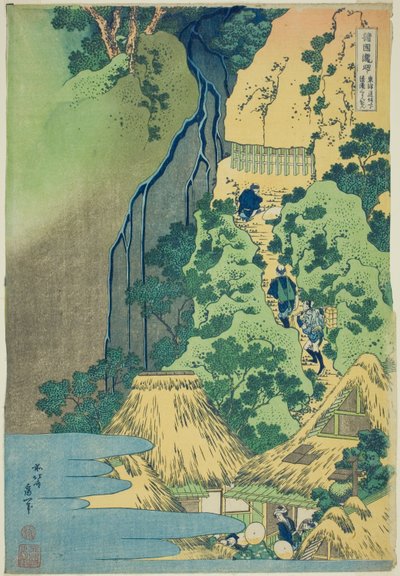 Svatyně Kannon u vodopádů Kiyo v Sakanoshita na řece Tōkaidō, ze série Prohlídka vodopádů v různých provinciích (Shokoku taki meguri) od Katsushika Hokusai
