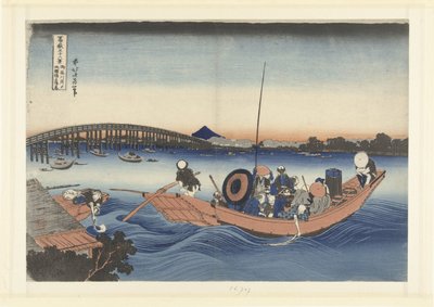 Pozorování západu slunce na mostě Ryogoku z Onmaya Bank Onmayagashi yori Ryogokubashi no sekiyo o miru (titul na předmětu) 36 pohledů na horu Fuji (název série) Fugaku sanjurokkei (název série na objektu) od Katsushika Hokusai