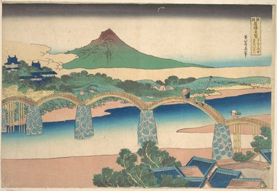 Most Kintai v provincii Suō (Suō no kuni Kintaibashi), ze série „Pozoruhodné pohledy na mosty v různých provinciích“ (Shokoku meikyō kiran) od Katsushika Hokusai