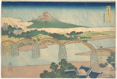 Most Kintai v provincii Suō (Suō no kuni Kintaibashi), ze série „Pozoruhodné pohledy na mosty v různých provinciích“ (Shokoku meikyō kiran) od Katsushika Hokusai