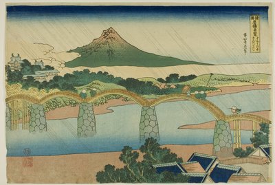 Most Kintai v provincii Suo (Suo no kuni Kintaibashi), ze série "Neobvyklé pohledy na slavné mosty v různých provinciích (Shokoku meikyo kiran)". od Katsushika Hokusai