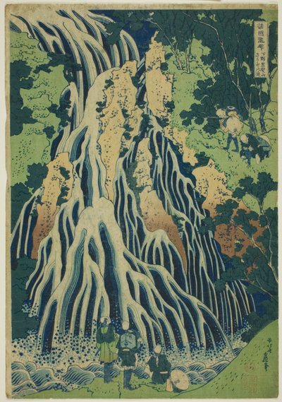 Kirifuri Falls na hoře Kurokami v provincii Shimotsuke (Shimotsuke Kurokamiyama Kirifuri no taki), ze série „Prohlídka vodopádů v různých provinciích (Shokoku taki meguri)“ od Katsushika Hokusai