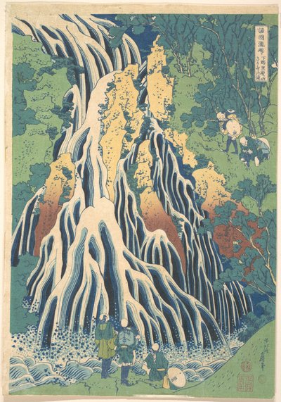 Vodopád Kirifuri na hoře Kurokami v Shimotsuke (Shimotsuke Kurokamiyama Kirifuri no taki), ze série „Prohlídka vodopádů v různých provinciích“ (Shokoku taki meguri) od Katsushika Hokusai