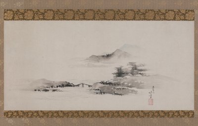 Krajina, období Edo, kolem 1801-02 (inkoust a barva na papíře připevněné jako závěsný svitek) od Katsushika Hokusai