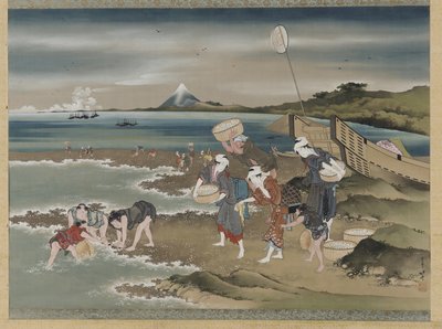 Krajina: sběrači škeblí na pobřeží (inkoust a barva na hedvábí) od Katsushika Hokusai