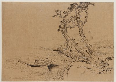 Krajina: postavy lovící z lodí, konec 18.-začátek 19. století. od Katsushika Hokusai