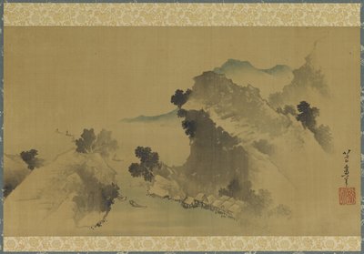 Krajina: hory, potok a lodě, období Edo (inkoust a barva na hedvábném panelu) od Katsushika Hokusai