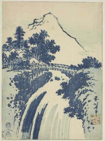 Krajina s vodopádem z nepojmenované série chubanských tisků od Katsushika Hokusai