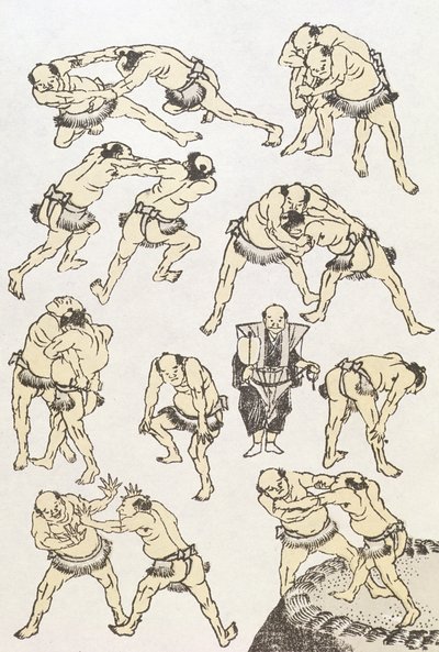 Manga: studie gest a postojů zápasníků, hospoda. 1849, (barevný dřevotisk) od Katsushika Hokusai