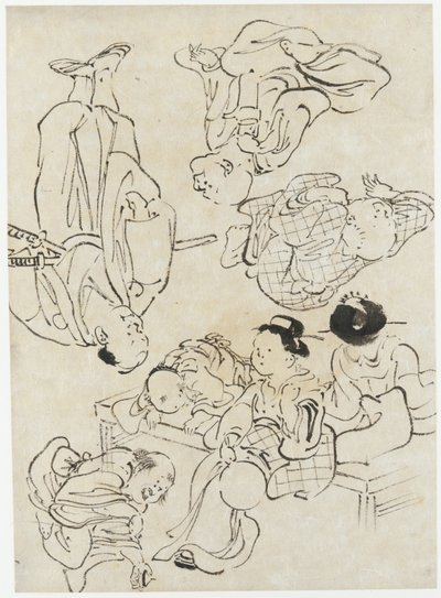 Různé postavy: letní radovánky, postavy sedící na verandě a (dolní) samurajové, období Edo (inkoust na papíře) od Katsushika Hokusai