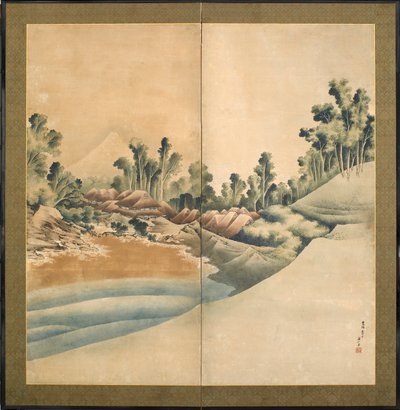Hora Fuji a Enoshima, období Edo, cca 1825 (inkoust a barva na papíře) od Katsushika Hokusai