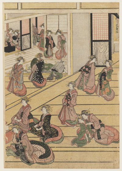 Novoroční dny v čajovně Ogi-ya. c.1810 (barevný dřevořez) (set viz 277795-277797) od Katsushika Hokusai