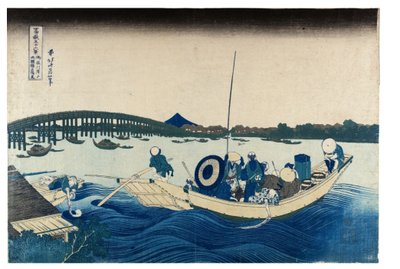 Č. 45 Západ slunce nad mostem Rjógoku, období Edo, asi 30. léta 19. století (dřevoryt na papíře) od Katsushika Hokusai