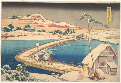 Starý pohled na lodní most v Sano v provincii Kōzuke (Kōzuke Sano funabashi no kozu), ze série „Pozoruhodné pohledy na mosty v různých provinciích“ (Shokoku meikyō kiran) od Katsushika Hokusai