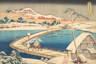 Starý pohled na lodní most v Sano v provincii Kozuke Kozuke Sano funabashi no kozu,..., 1827-30. od Katsushika Hokusai