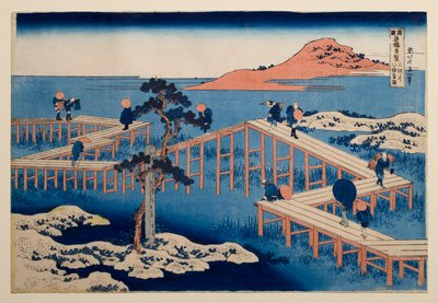 Starý pohled na osmipolový most Yatsuhashi v provincii Mikawa, ze série „Pozoruhodné pohledy na mosty v různých provinciích“ od Katsushika Hokusai