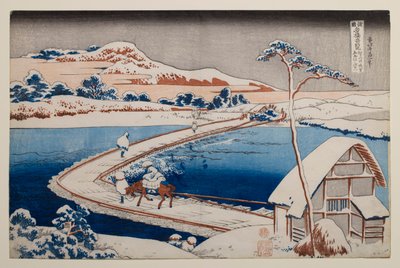 Starý pohled na pontonový most v Sano v provincii Kōzuke, ze série „Pozoruhodné pohledy na mosty v různých provinciích“ od Katsushika Hokusai