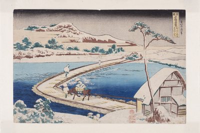 Starý pohled na Pontonový most v Sano v provincii K?zuke (K?zuke Sano funabashi no kozu) (barevný dřevořez) od Katsushika Hokusai