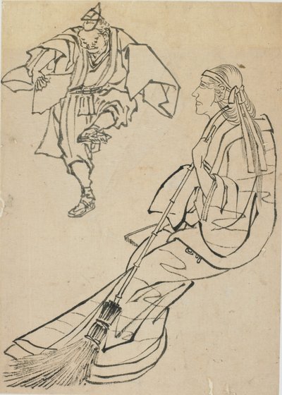 Stará žena sedící na lavičce, před kterou tančí muž s vějířem, konec 18.-začátek 19. století. od Katsushika Hokusai