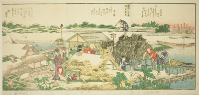Stránky z ilustrované knihy „Panoramatické výhledy podél břehů řeky Sumida (Ehon Sumidagawa ryogan ichiran)“ od Katsushika Hokusai